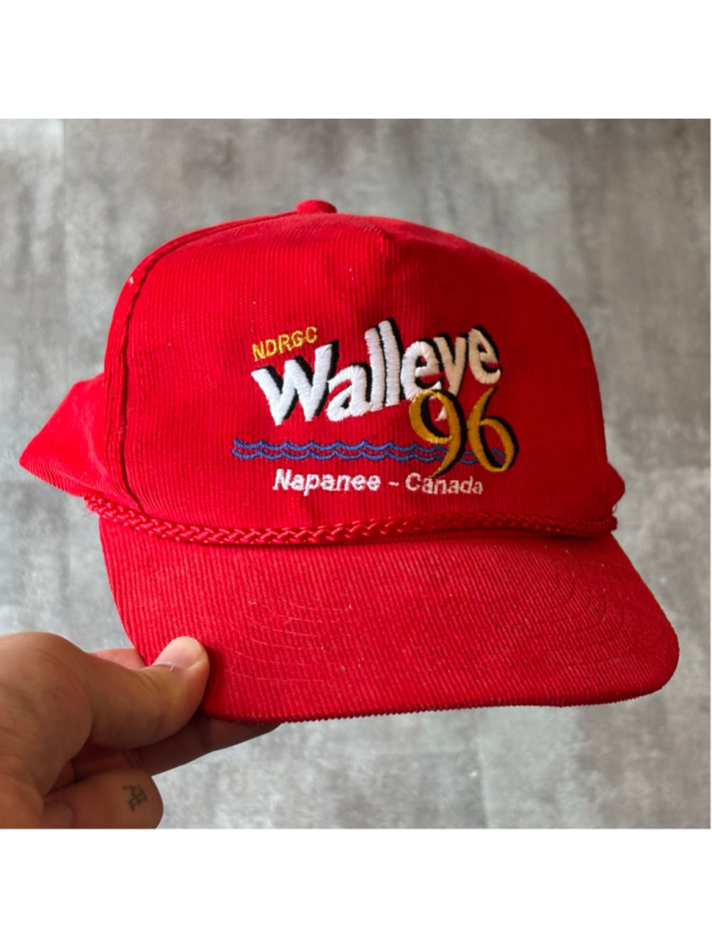 Vintage Corduroy Fishing SnapBack Hat Red Walleye Napanee Canada